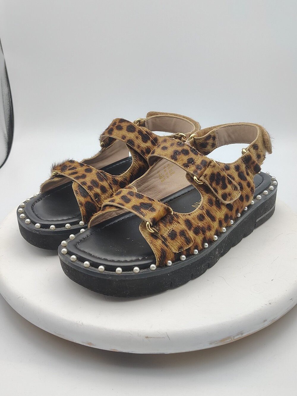 Stuart Weitzman Leopard Velcro Sandals - Black Sole Size Women's 8